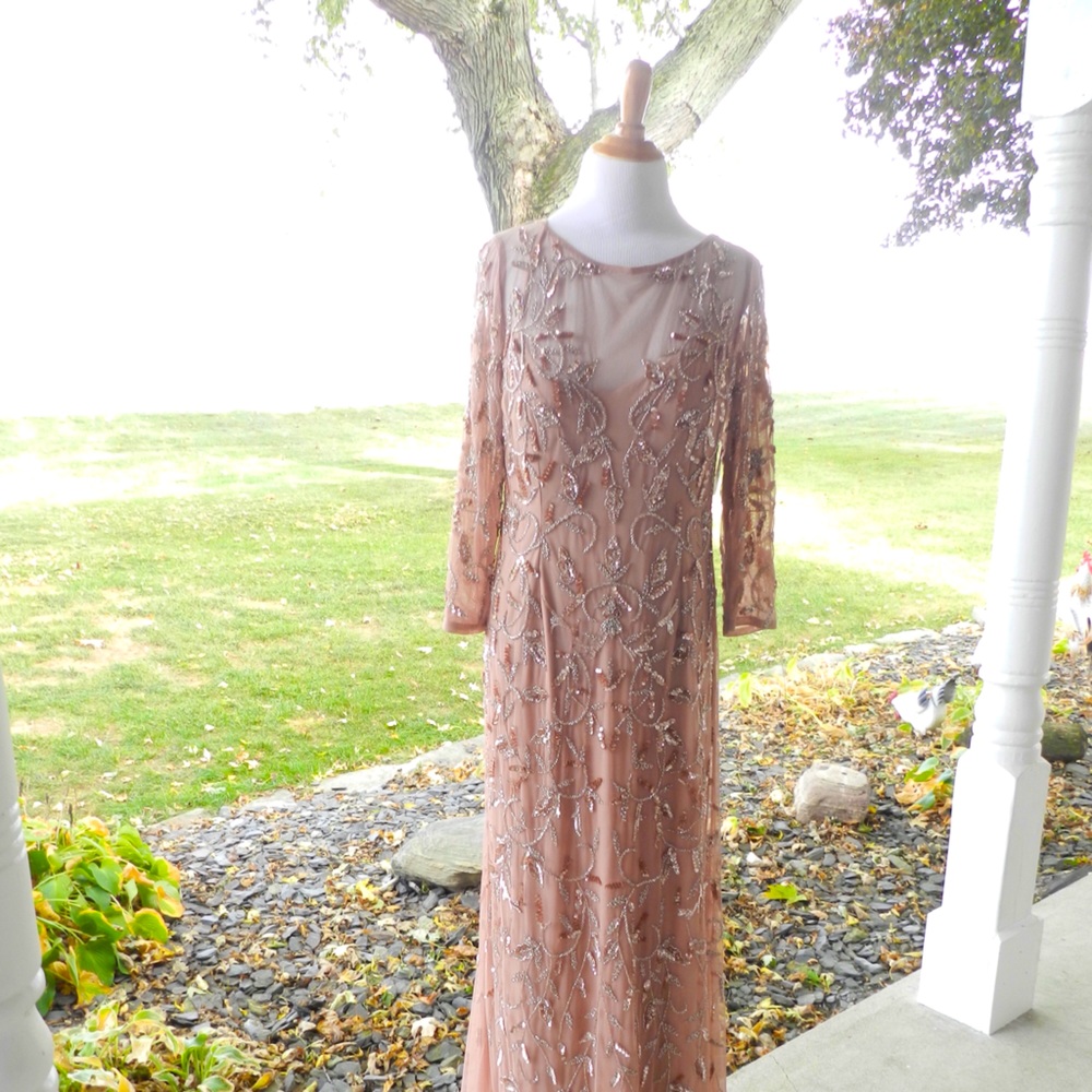 Adrianna Papell Long sleeve rose gold godet dress
